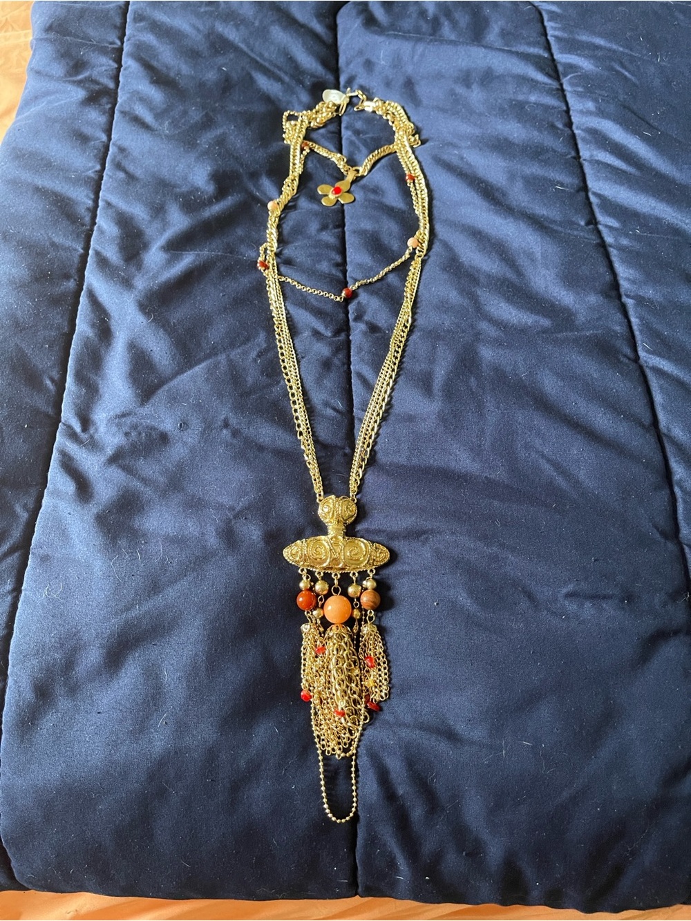 Free People Gold-Tone Multi-Strand Tassel Necklace with Orange Beads